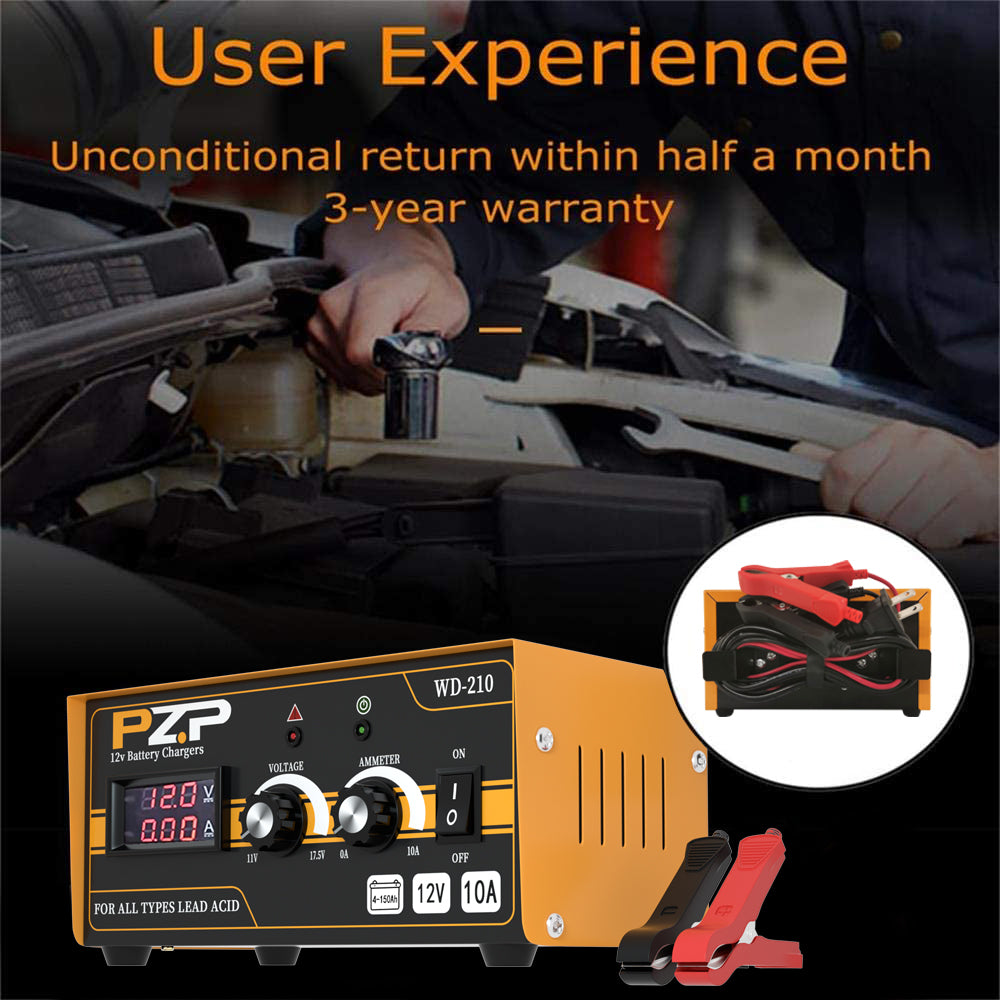 PZP 12v Battery Charger, Adjustable Metal 10 Amp Portable Automatic Smart Trickle Charging Battery Maintainer