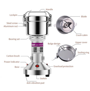 Grain Mill Grinder 1500W Electric Stainless Steel Grain Grinder High-Speed Pulverizer Powder Machine for Dry Wheat, Oats, Corn, Pepper and Coffee Beans