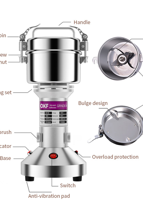 Grain Mill Grinder 1500W Electric Stainless Steel Grain Grinder High-Speed Pulverizer Powder Machine for Dry Wheat, Oats, Corn, Pepper and Coffee Beans