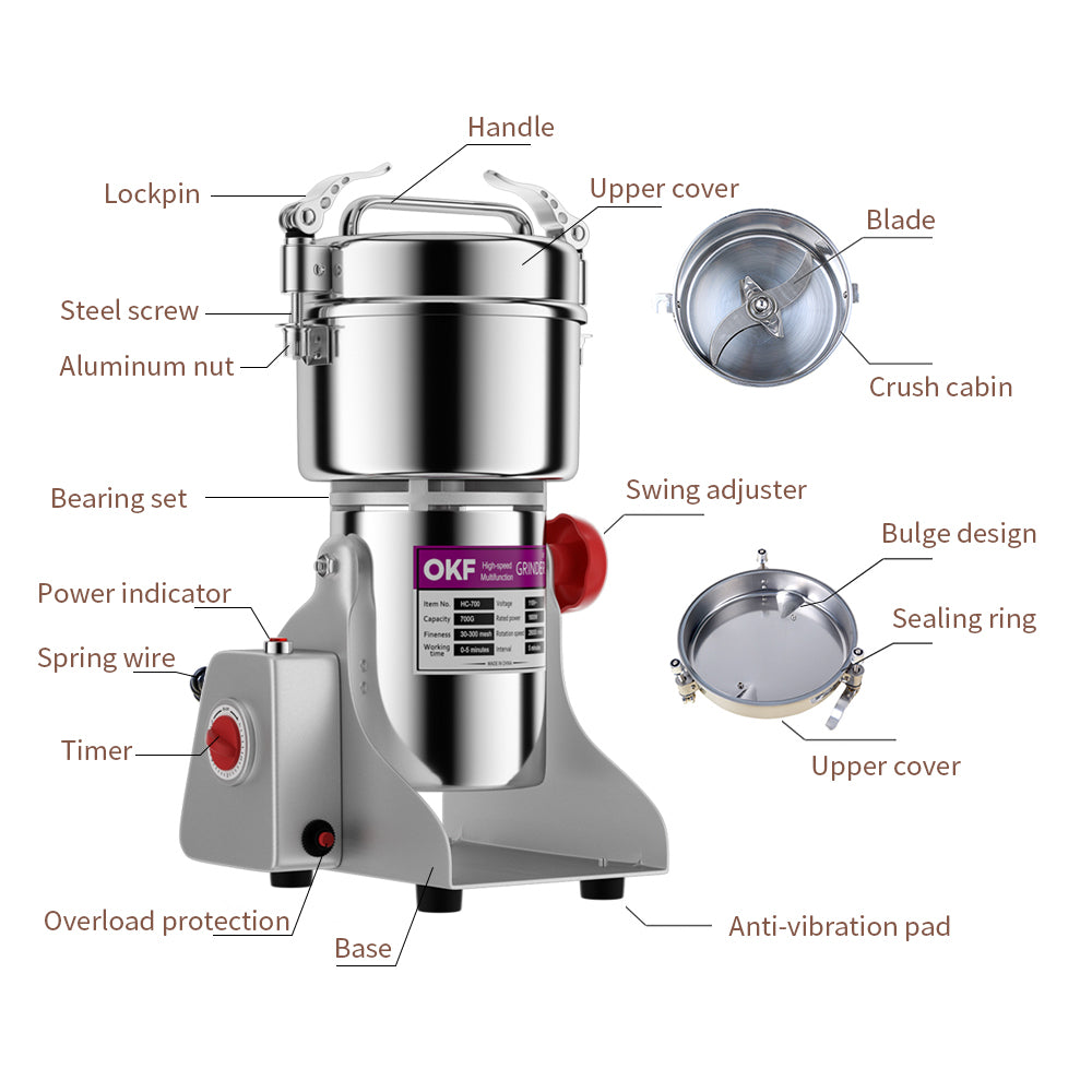 2800W 110V High-Speed Electric Grain Mill Grinder, Grain Mill for Home and Commercial Use