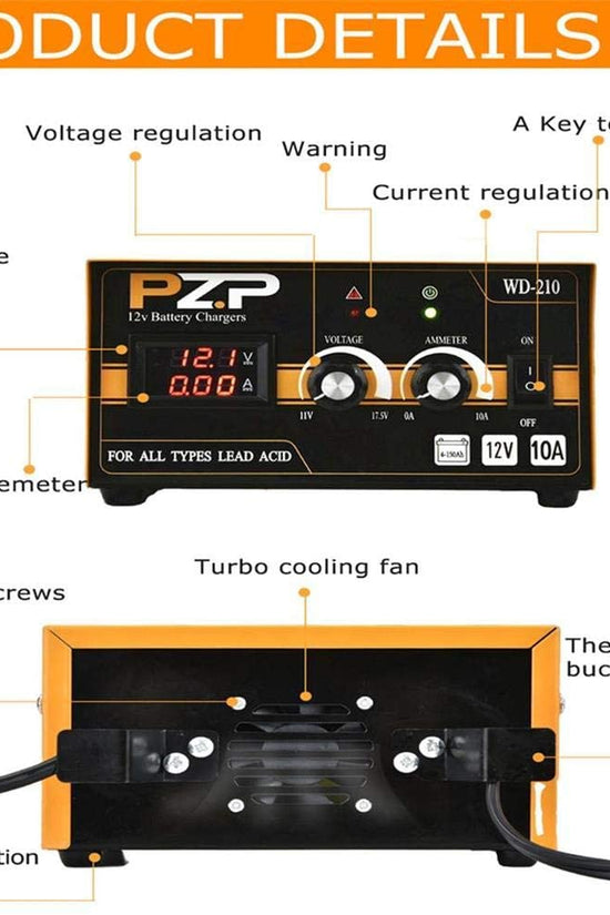 PZP 12v Battery Charger, Adjustable Metal 10 Amp Portable Automatic Smart Trickle Charging Battery Maintainer