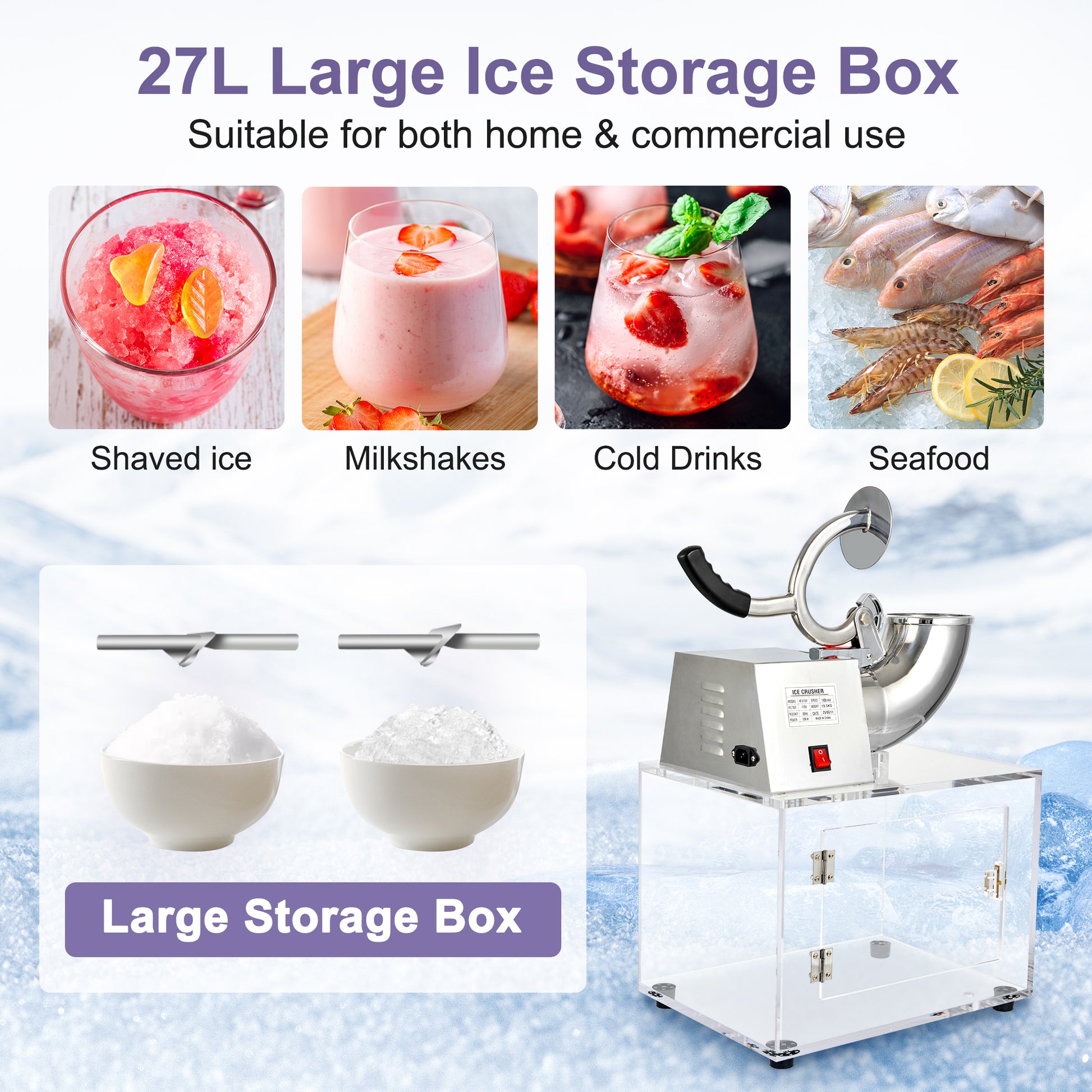OKF 110V Commercial Ice Crusher 500LBS/H, ETL Approved 350W Electric Snow Cone Machine with Dual Blades