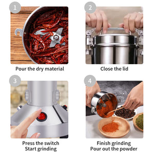 Grain Mill Grinder 1500W Electric Stainless Steel Grain Grinder High-Speed Pulverizer Powder Machine for Dry Wheat, Oats, Corn, Pepper and Coffee Beans