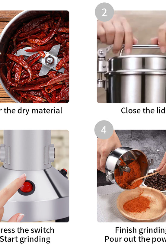 Grain Mill Grinder 1500W Electric Stainless Steel Grain Grinder High-Speed Pulverizer Powder Machine for Dry Wheat, Oats, Corn, Pepper and Coffee Beans