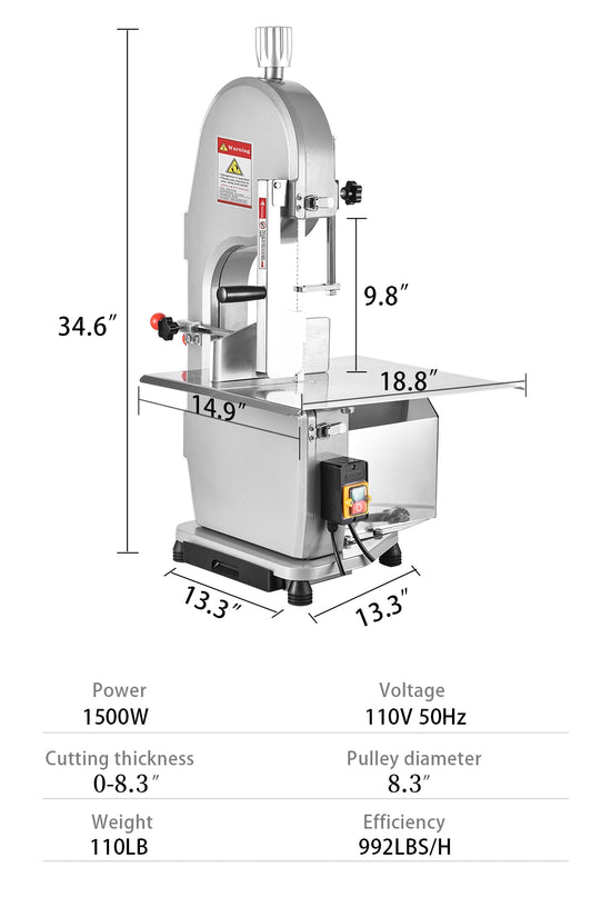 1500W Electric Bone Saw Machine, 304 Stainless Steel Commercial Frozen Meat Saw,  Waterproof Motor