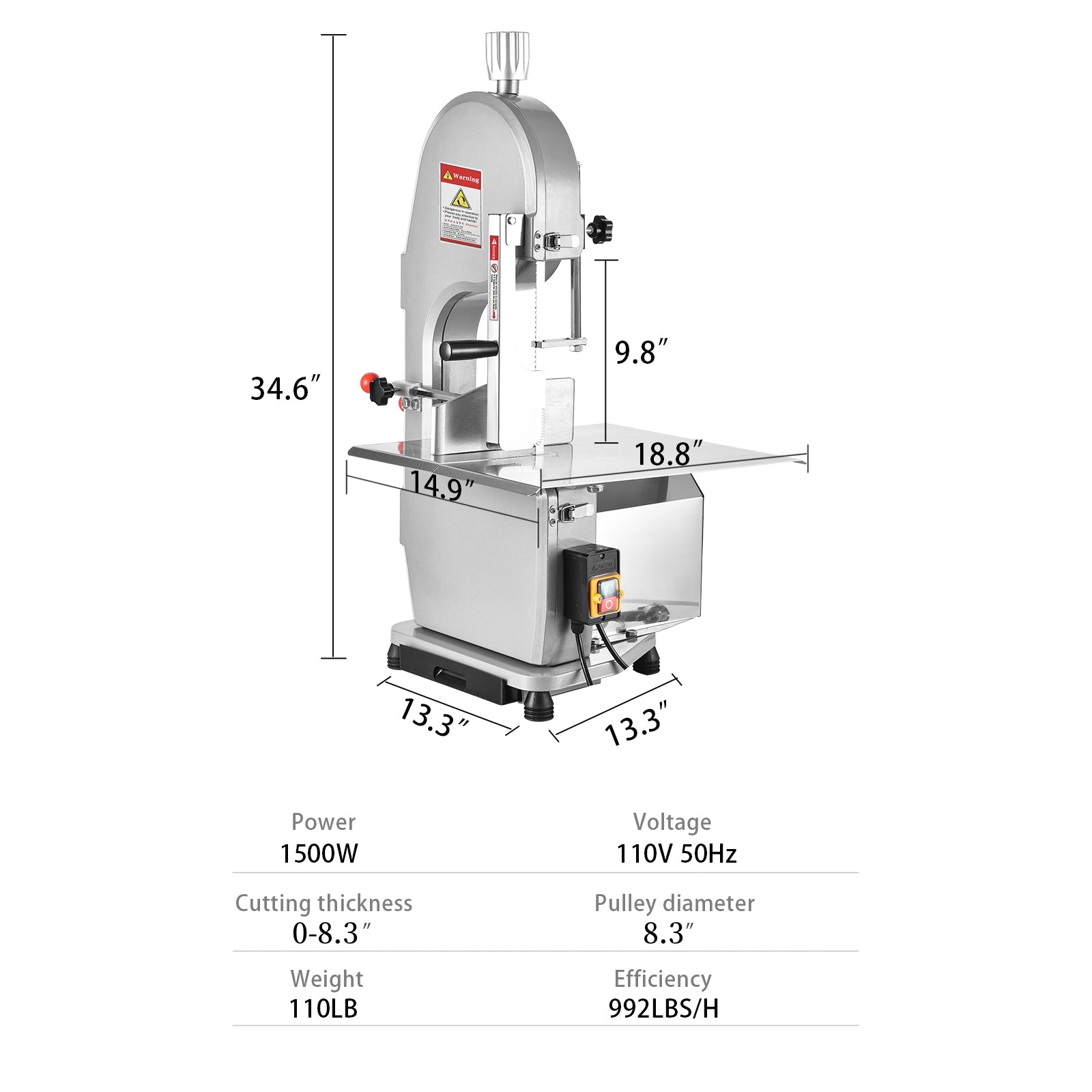 1500W Electric Bone Saw Machine, 304 Stainless Steel Commercial Frozen Meat Saw,  Waterproof Motor