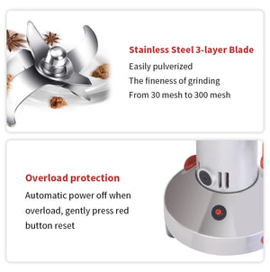 Grain Mill Grinder 1500W Electric Stainless Steel Grain Grinder High-Speed Pulverizer Powder Machine for Dry Wheat, Oats, Corn, Pepper and Coffee Beans