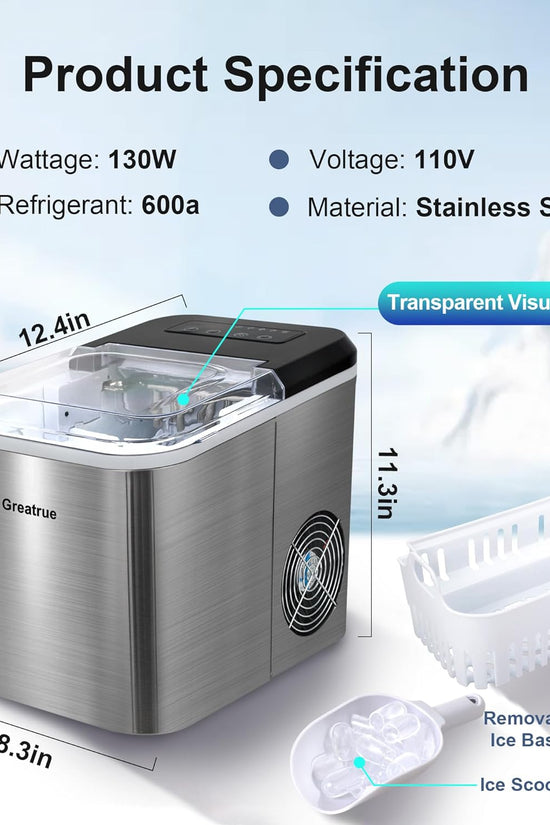 Countertop Ice Maker, Compact Design for Home/Office/Kitchen/Camping (Stainless Steel)