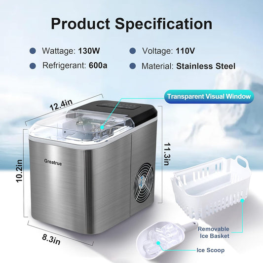 Countertop Ice Maker, Compact Design for Home/Office/Kitchen/Camping (Stainless Steel)