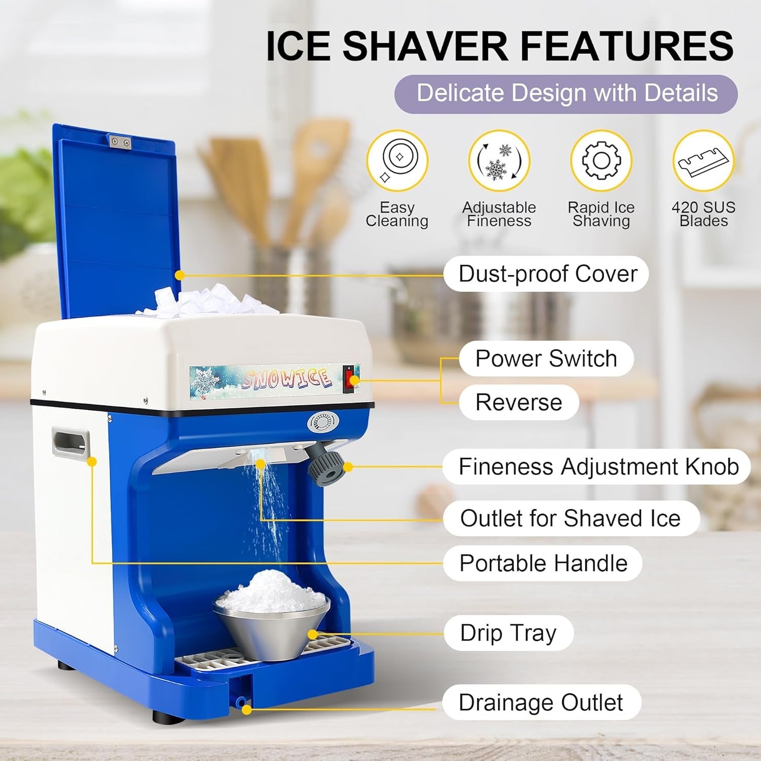 OKF 110V Electric Shaved Ice Machine 250W Snow Cone Maker Tabletop