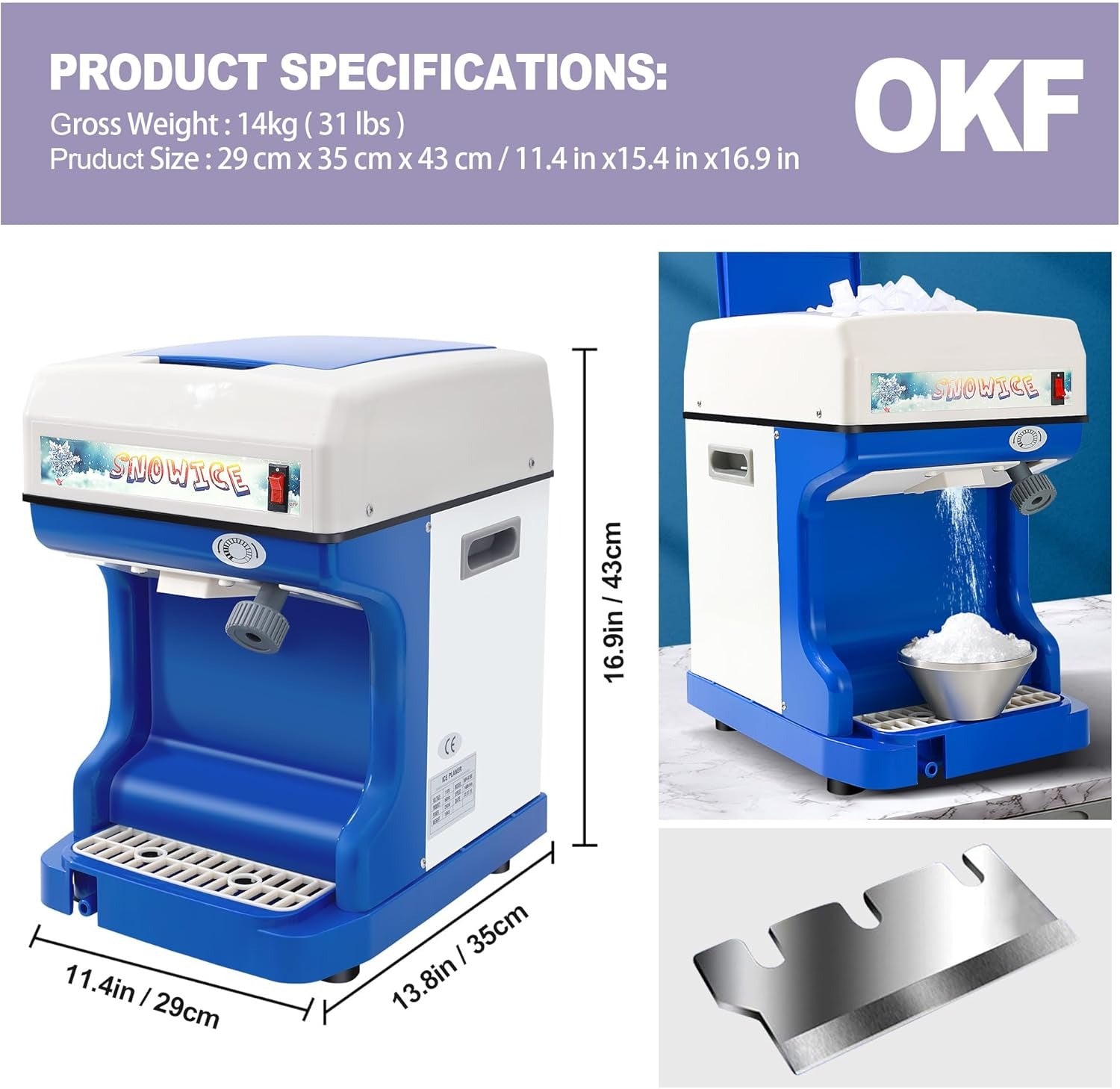 OKF 110V Electric Shaved Ice Machine 250W Snow Cone Maker Tabletop