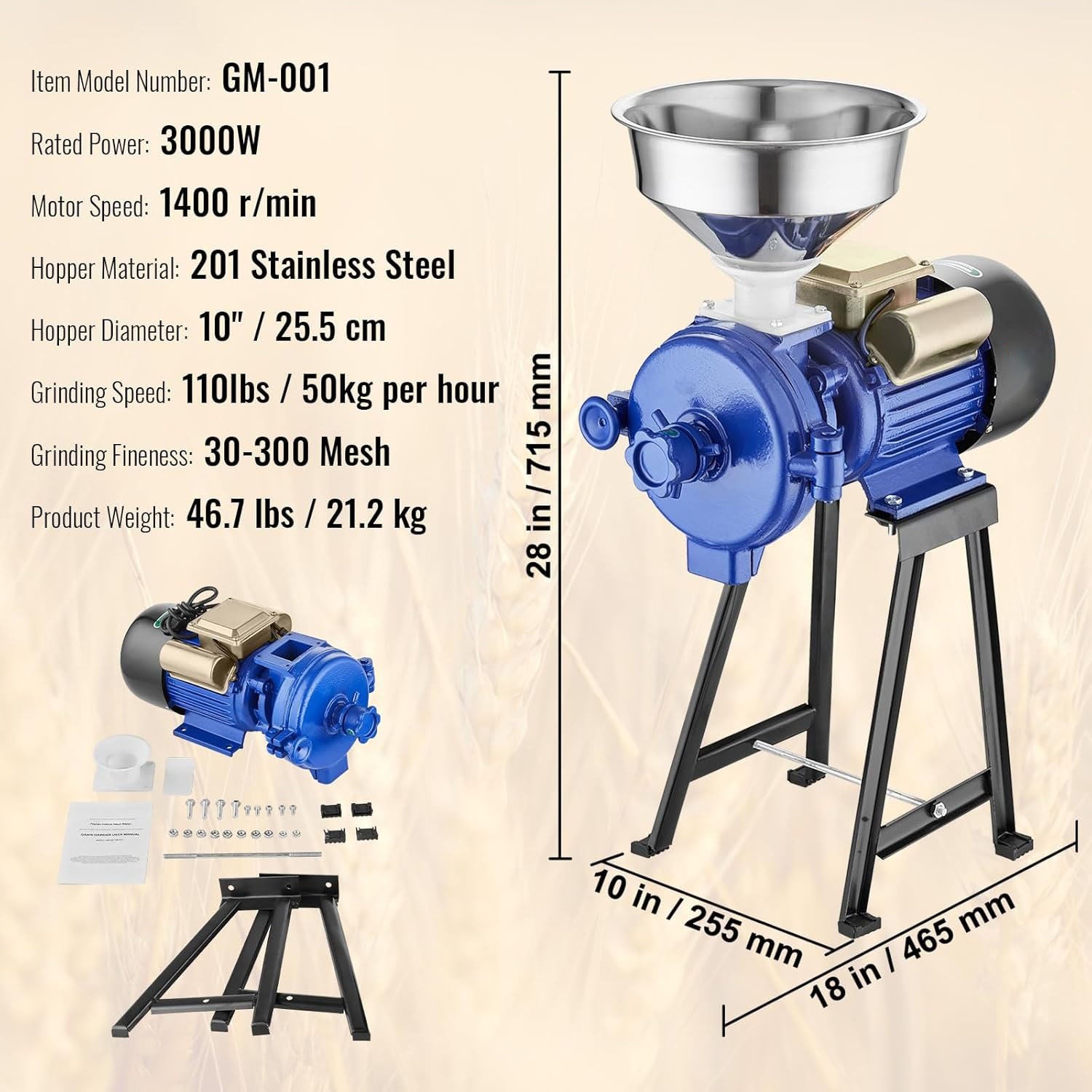 High-Leg Grain Mill Grinder for Dry materials (110V / 220V)