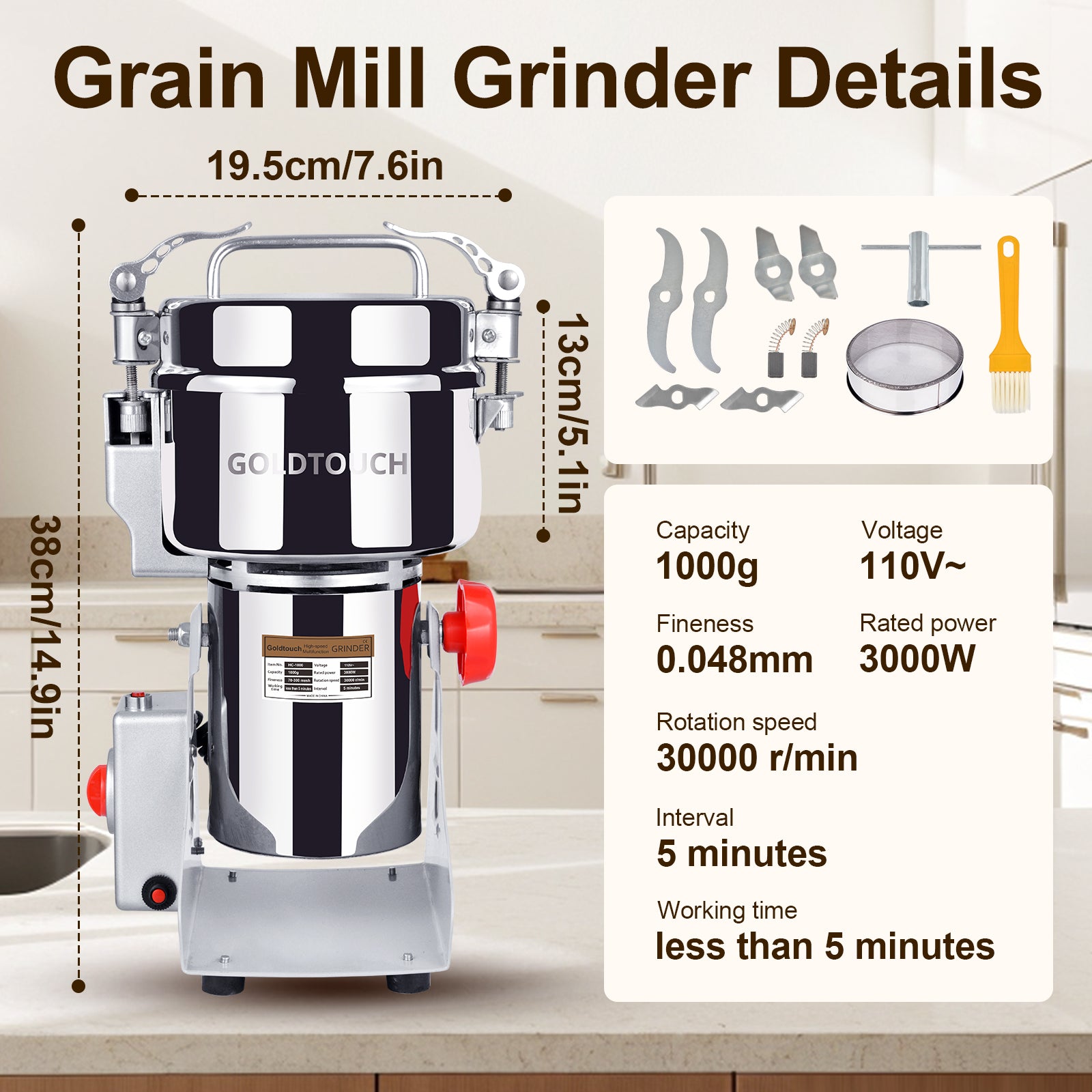2800W 110V High-Speed Electric Grain Mill Grinder, Grain Mill for Home and Commercial Use